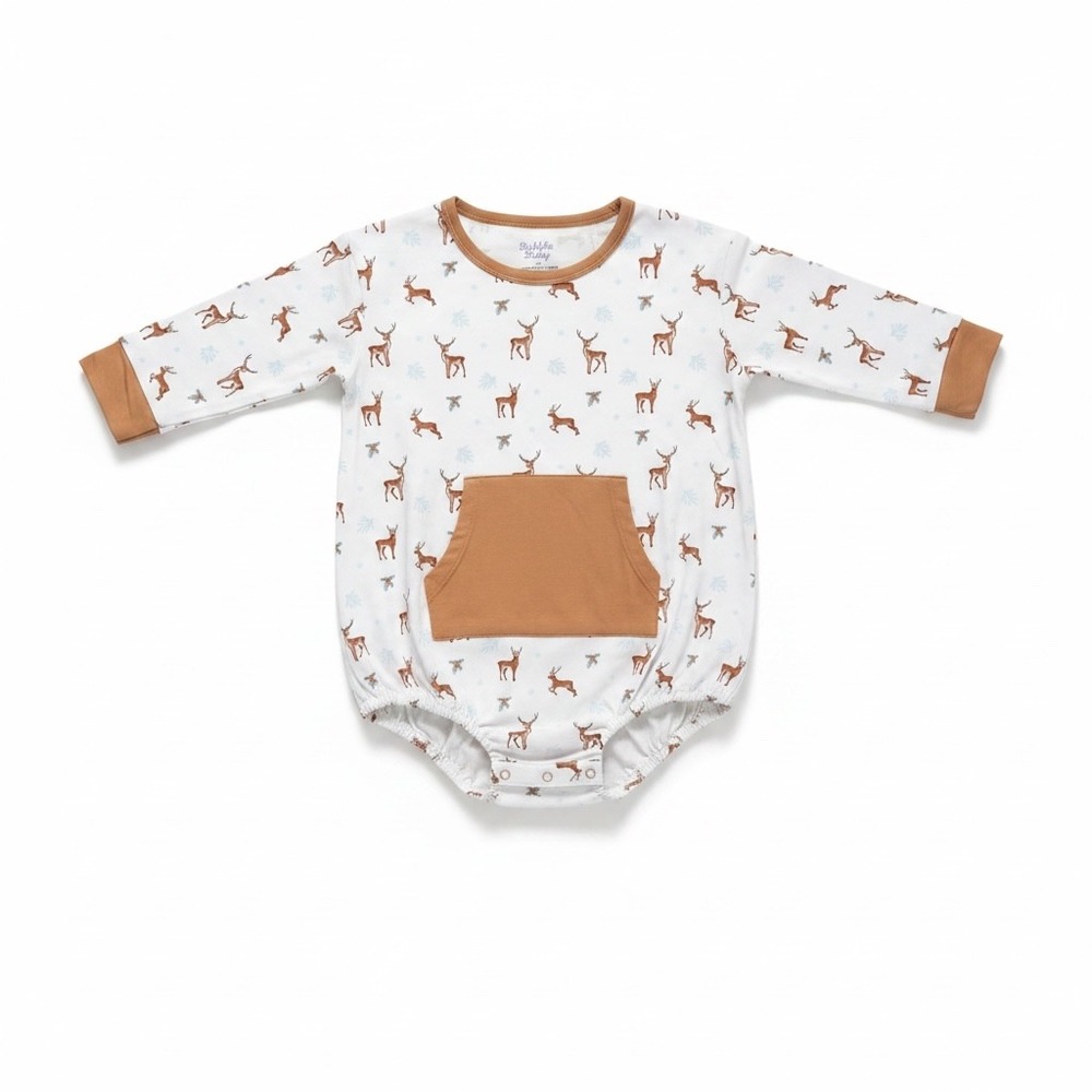 Bubble Baby Long Sleeve Bamboo Bodysuit Deer Snowflake Print Tan Pocket 4/5